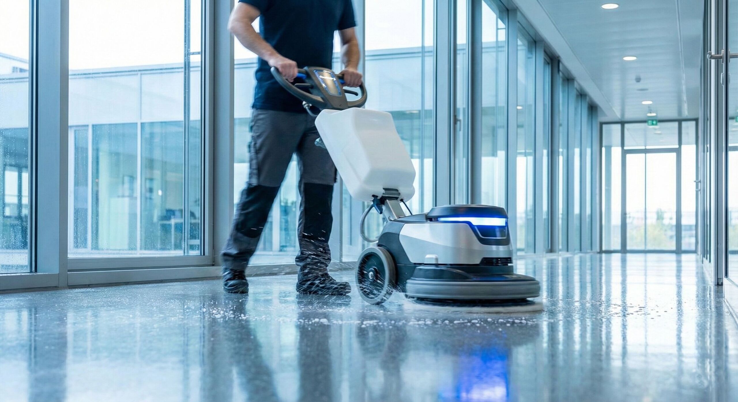 Agent nettoyant un sol PVC à la monobrosse pour une métallisation